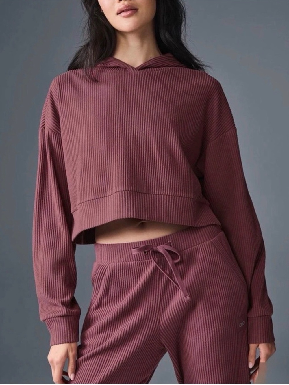 Alo Yoga Muse Hoodie Womens S Mauve Ribbed Cropped Pullover Sweatshirt - Picture 1 of 3